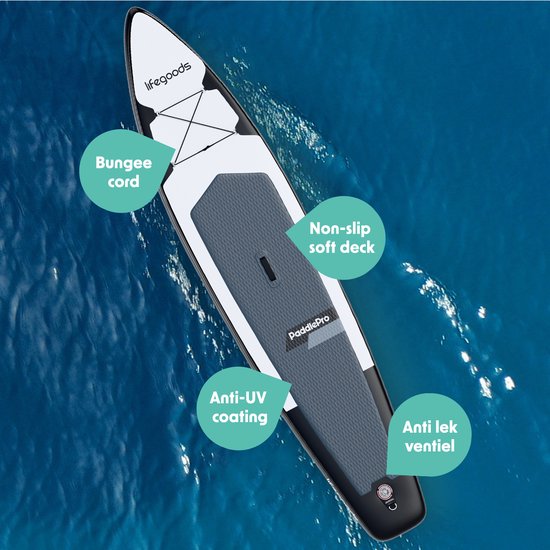 LifeGoods SUP Board Touring - 165 KG Belastbarkeit - 365 x 76 cm - Aufblasbar - Komplettes SUP Paket - Weiß/Schwarz