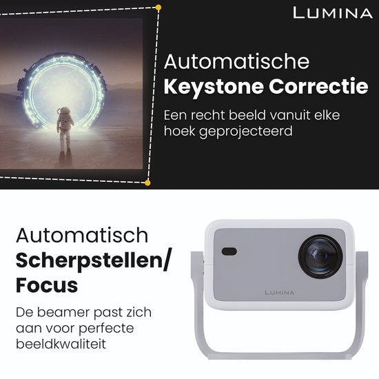 Lumina® Stellar Beamer 2025 - 4K Ultra HD - Automatische Leinwand & Richtfunktion - All-in-one Smart TV Projektor - Für iOS & Android - Weiß