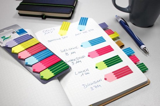 Info-Lesezeichen – Bleistift – 6 x 25 Blatt – 18 x 55 mm – lila, gelb, rot, blau, rosa, grün – IN-5672-93