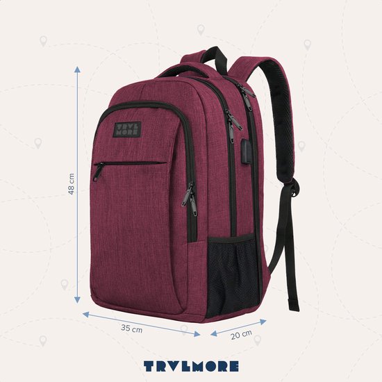 TRVLMORE Rucksack - Rucksack mit 17.3 Zoll Laptopfach - Schultasche - Spritzwassergeschützt - Männer und Frauen - Jungen und Mädchen - 36L - Burgunderrot