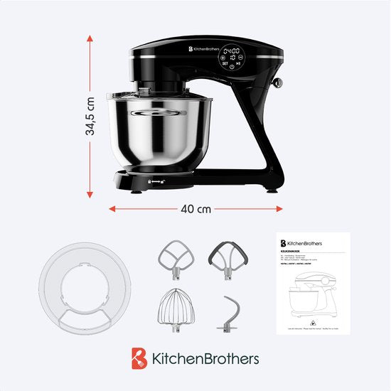 KitchenBrothers Küchenroboter - Touch Display und Timer - Küchenroboter - 6.2L - 1800W - Küchenmaschine - Aluminium - Schwarz