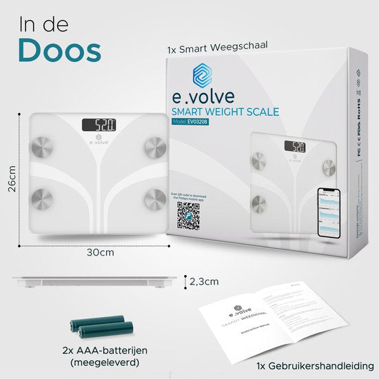 e.volve Waage Personenwaage Digital - Weiß - Intelligente Waage - Mit Körperanalyse - Präzisionswaage - inkl. App