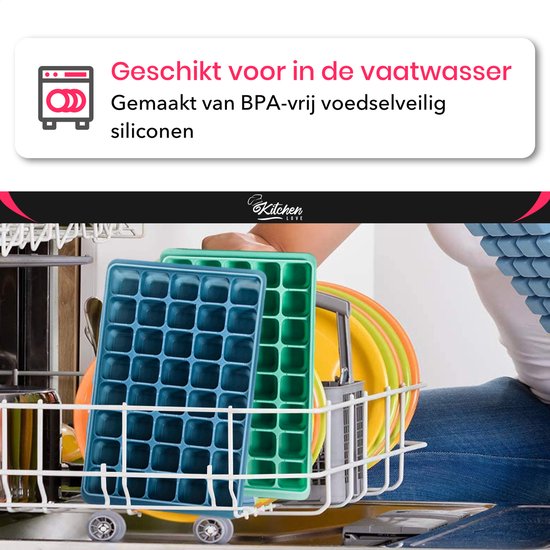 KitchenLove Silikon Eiswürfelform mit Deckel (2 Stück) - 80 Eiswürfel - Quadratisch - BPA frei - 100% Silikon - Grün & Blau