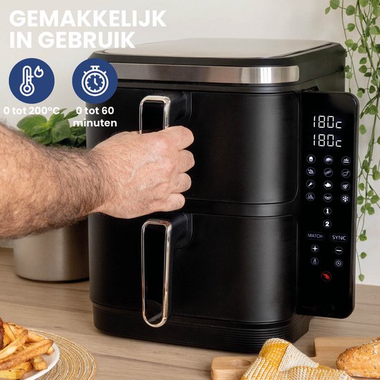 Nexxt - Double Stacked Airfryer - 11 l Fassungsvermögen - Schwarz & Edelstahl - 12 Garprogramme - Stacked Modell - Platzsparend & Doppelschublade