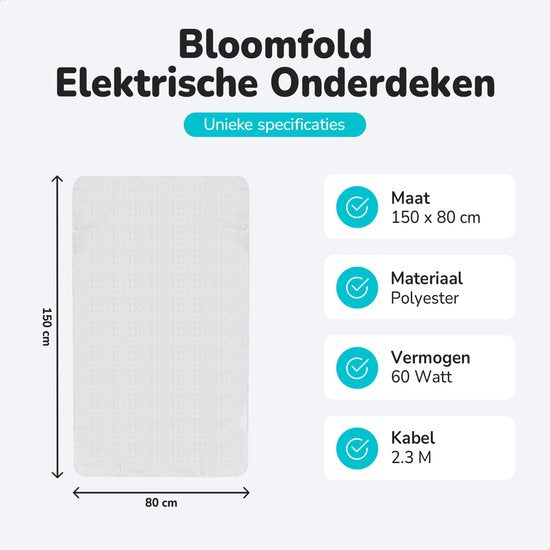 Bloomfold Electric Blanket - 150 x 80 cm - Maschinenwaschbar - 1 Person - 3 Stufen - Wärmedecke - Weiß/Polyester