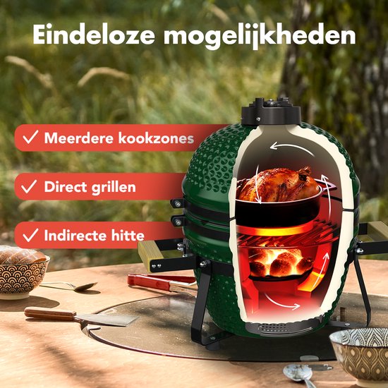 KitchenBrothers Kamado BBQ - 13 Zoll Holzkohlegrill - 27⌀ cm - PFAS-frei - Deluxe Set - Eiergrill mit Zubehör inklusive Abdeckung - Grün