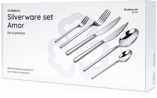 Deleca 6 Personen Luxus-Edelstahl-Besteck-Set Amor (36 Teile) - Löffel, Messer, Gabeln, Steakmesser & Kuchengabeln - spülmaschinenfest - Silbernes Design-Besteck - 18/0 Edelstahl