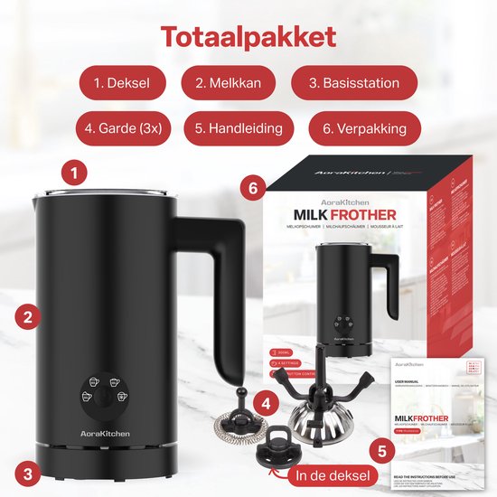 AoraKitchen Milchaufschäumer – 300 ml – Milchaufschäumer – Edelstahl – elektrisch – 4-in-1 – Antihaftbeschichtung – 500 W
