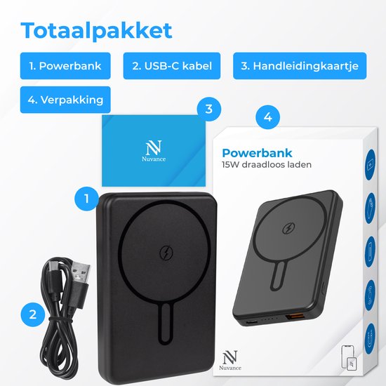 Nuvance Powerbank 10000 mAh - Geeignet für MagSafe - 15W Schnellladegerät - Wireless Powerbank - Usb-A 22.5W & Usb-C 20W - Schwarz