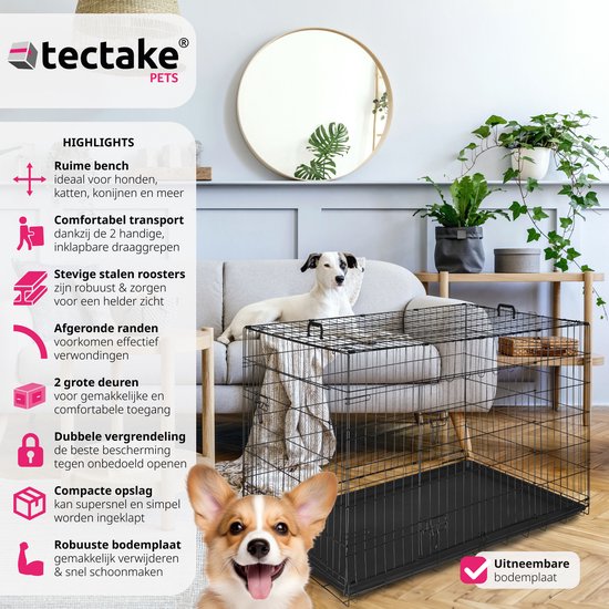 tectake® Hundekäfig - Hundezaunbox - Hundezwinger - Faltbare Hundebox - Stabile Transportbox für Hunde und Welpen - Für Kofferraum, Auto, Camping und Zuhause - 121,5 x 75,5 x 80,5 cm