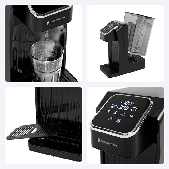 KitchenBrothers Heißwasserspender - 40-100°C - 100/150/200/250/300/350/400 ml - Instant Wasserkocher - 2.7L - Schwarz