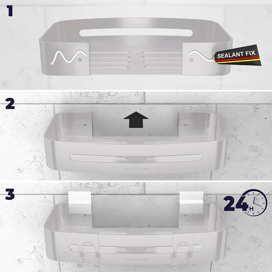 Sanicraft® Duschregal - Kein Bohren - Für jede Art von Wand geeignet - Hängend - Rostfrei - 2 Stück - Matt Silber