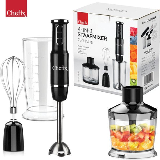 Chefix Stabmixer Set 4-in-1 - Stabmixer - Schneebesen Schneebesen Messbecher - 750 W - Schwarz