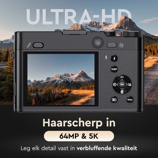 K&L Digitalkamera 5K - 64MP - 6X optischer Zoom - Fotokamera - Kompaktkamera - Vlog-Kamera - Ideal für Einsteiger - Inklusive 64GB - NL Software