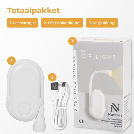 Nuvance - Leselicht - Klemmleselicht - Dimmbar - 3 Stufen - Leselicht für Buch - Wiederaufladbar USB C - 24 Stunden Lesevergnügen - Klemmlicht - für Kind & Erwachsene - Klemmlicht - Weiß