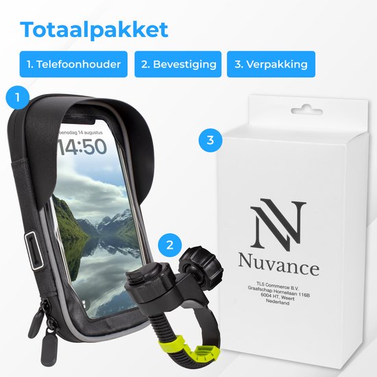 Nuvance - Handyhalterung Fahrrad - GSM Halterung für Fahrrad, Fatbike, Roller & Motor Lenker - Wasserdicht - 360 Grad Drehung - Fahrradhalterung für Smartphones