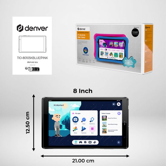 Denver Tablet für Kinder - Android 13 - Kindersicherung - 4GB RAM - 64GB interner Speicher - 8 Zoll - . Blau und Rosa Tablet-Tasche - TIO80105K