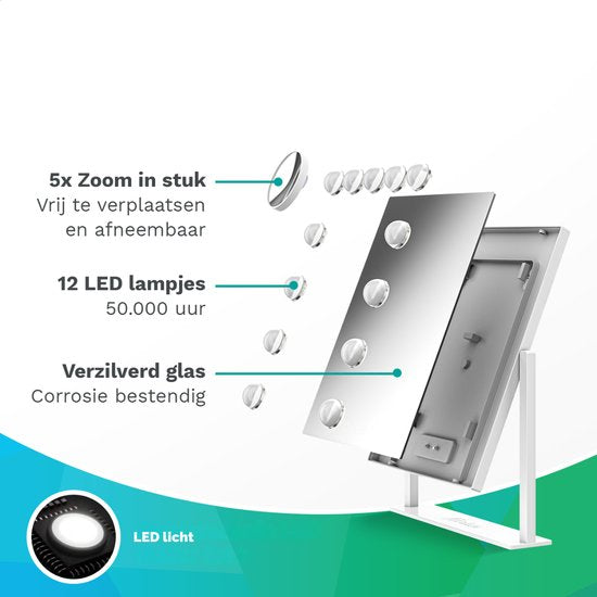 Mirlux Make Up Hollywood-Spiegel mit Beleuchtung (44x30cm) - Vision - Dimmbare LED-Birnenbeleuchtung - 13 Lampen - Weiß