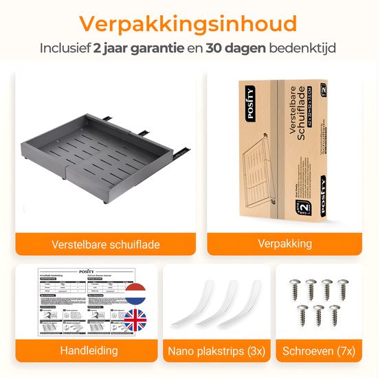 Posity Slide Drawer - Küchenschrank-Organizer - Spülenschrank/Schubladen-Organizer - Innenschublade Küche - Ausziehbar und verstellbar (32-52 cm) - Teleskopisch - Grau
