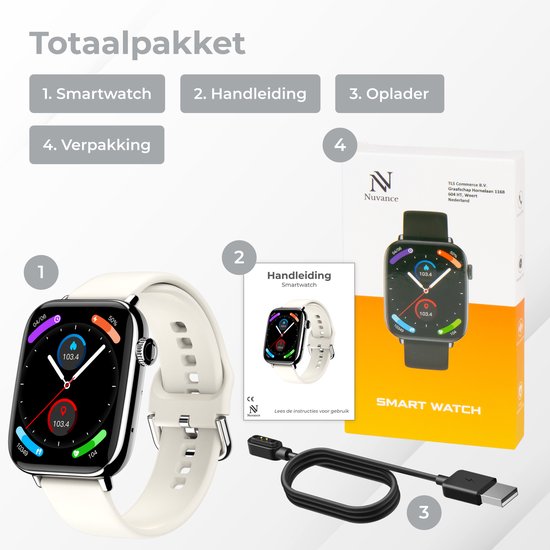 Nuvance - Smartwatch für Männer und Frauen mit Bluetooth - IP68 Wasserdicht - Geeignet für alle Smartphones - Schrittzähler und Herzfrequenzmesser - Silber