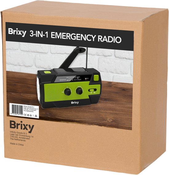 Brixy Emergency Radio - Radio mit Batterie für Notfälle - 4000 MAH - aufwickelbar - Solar - Taschenlampe - Powerbank - Grün