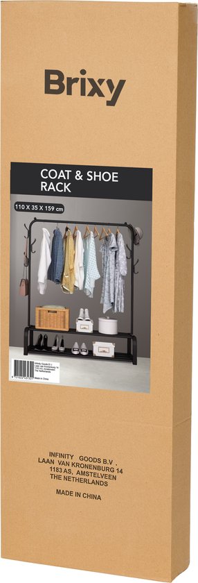 Brixy Kleiderständer - Garderobenständer - 102x34x152cm - Kleiderständer mit Schuhregal - Industriell - Metall - Schwarz