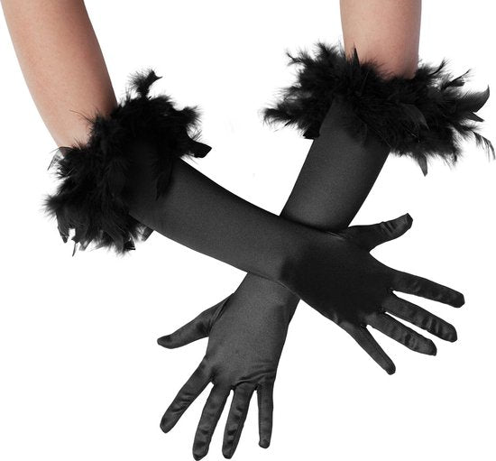 dressforfun - Lange Satinhandschuhe mit Federn schwarz - fancy dress kostüm halloween verkleiden partywear karnevalskostüm partywear - 304589