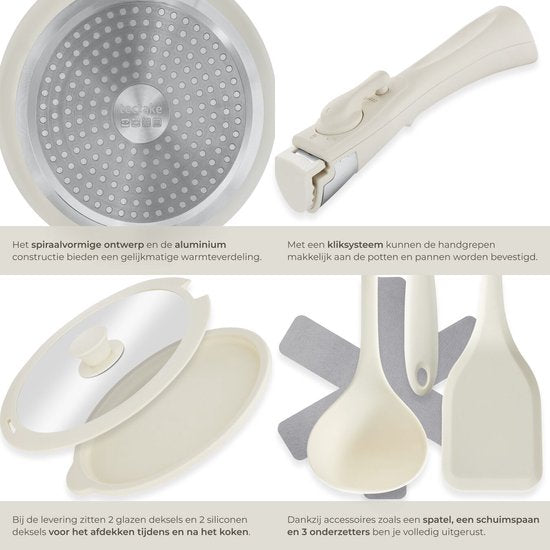 tectake® 16-teiliges modernes Pfannenset - 3 Bratpfannen - 2 Kochpfannen - Induktionsgeeignet - Inklusive Deckel, abnehmbare Griffe und Schutzkappen - Pfannen aus Aluminium mit keramischer Antihaftbeschichtung - Backofenfest bis 175° - Weiß