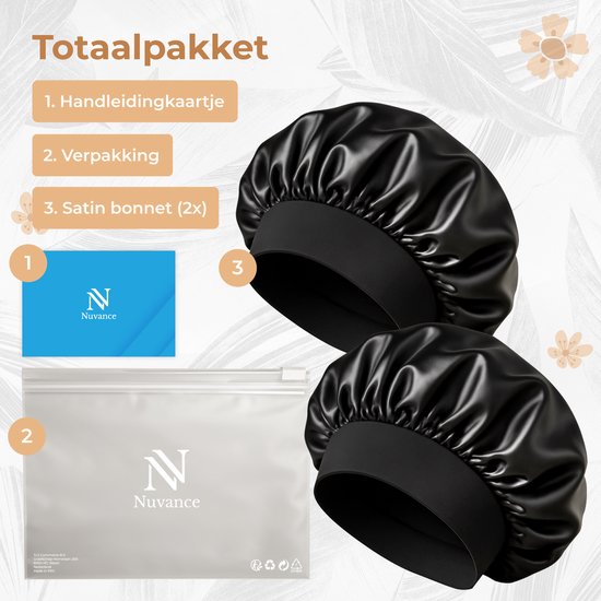 Nuvance Bonnet Satin - 2er-Set - Satin-Schlafmütze verstellbar - Satinhaube - Unisex - Schwarz
