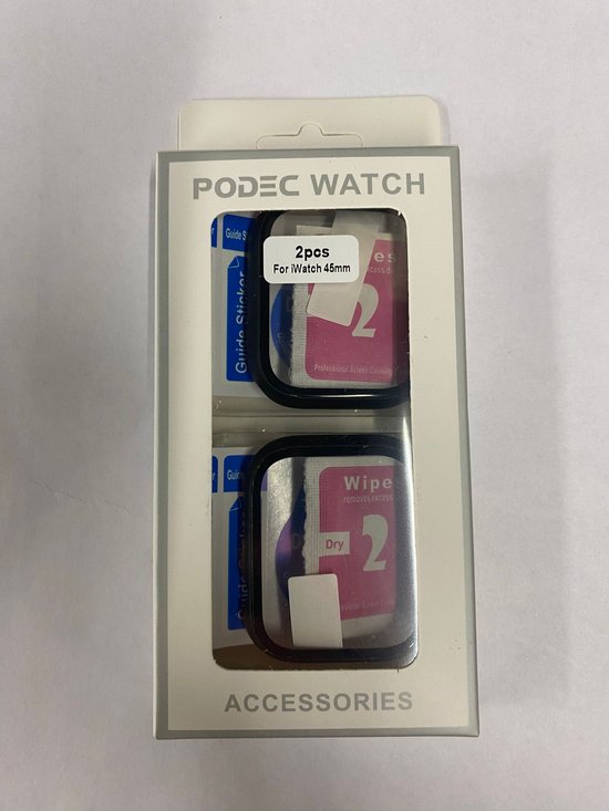 Gehäuse passend für Apple Watch Series 7 / 8 / 9 - 45 mm Displayschutzfolie - 2 Stück - Full Cover Hard Case - Schwarz - Podec