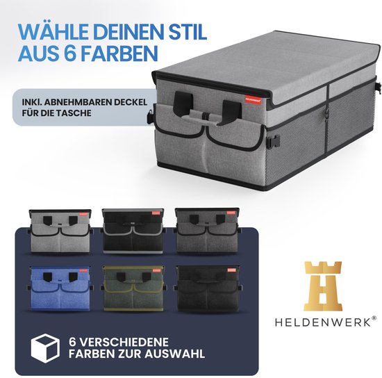 HELDENWERK Premium-Kofferraum-Organizer mit Deckel, stabil & rutschfest - Faltbare Kofferraumtasche, groß mit doppeltem Boden - Kofferraumbox, Kofferraum-Organizer-Box