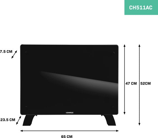 VONROC Luxury electric heater - Konvektorheizung mit Glasscheibe - 750W/1500W - Beheizt Räume bis zu 18m2 - Gesteuert sowohl mit App (über Wifi) als auch manuell - Einstellbarer Thermostat und Timer - Schwarz
