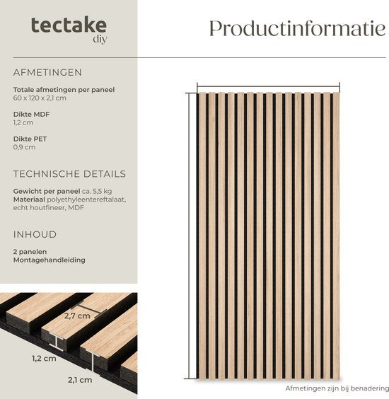tectake® Akustikplatten – 2er-Set – Akustik-Wandplatte – 60 x 120 cm - 1,44 m² - Wandpaneele mit anpassbarer Größe - Lattenwand aus MDF und Holzfurnier - Schalldämmung - Stilvolle Wanddekoration - Einfache Montage - Helle Eiche