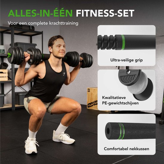 Tunturi Kurzhantelset und Kurzhanteln Vinyl 20 kg - Hantelset mit Kettlebell und Langhantel - Liegestützstützen - Schraubverschluss 30 mm - Anti-Rutsch-Griff