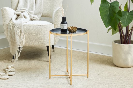 LIFA LIVING Beistelltisch Modern - Grau & Gold Couchtisch - Rund - Metall - Für Wohnzimmer, Schlafzimmer oder Büro - 37,5 x 47,5 cm