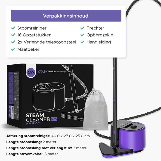 Motionflow Dampfreiniger PRO - Mit Heizfunktion - 1500W - 1,5L Wassertank - Zur Tiefenreinigung von Boden, Sofa, Bad und Teppich - Teppichreiniger & Fleckenreiniger - Sitzreiniger - Schwarz