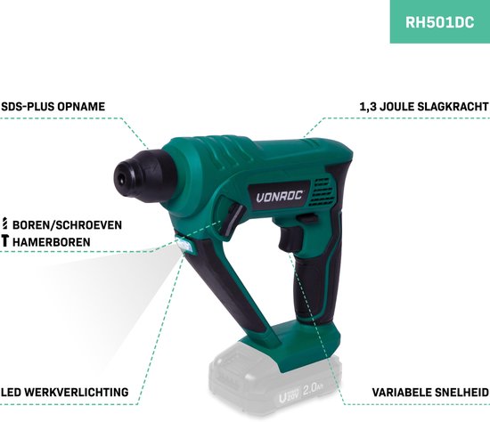VONROC Akku-Bohrhammer - VPower 20V - ohne Akku & Ladegerät - 1,3 Joule - SDS-plus - inkl. Zubehör