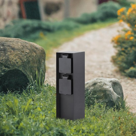 Luft Gartensteckdose - Auf Säule mit Seitenerdung - 2 Steckdosen - Gartenpfosten - Außen - Wasserdicht - Pfosten - Box - Kontakt - IP44 - Mattschwarz - Box - Mit - Steckdose