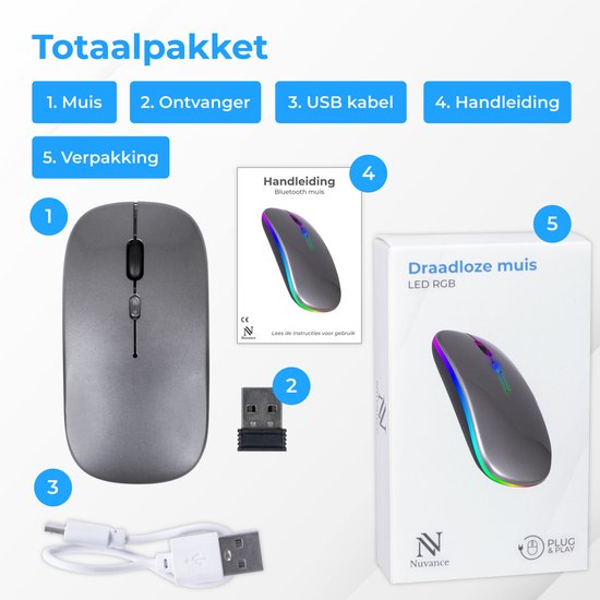 Nuvance - Kabellose Maus LED - Bluetooth - Ergonomisch - Laptop und Gaming - Kabellos - Grau