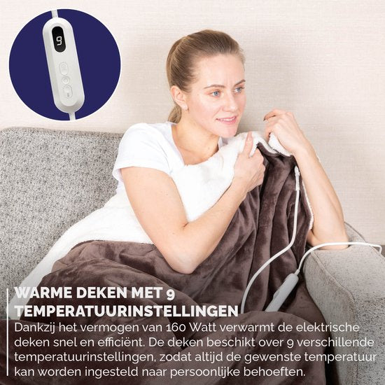 BREND - Elektrische Decke mit 9 Temperatureinstellungen - Flanell-Fleece-Decke - BR-2219 - 180 x 130 cm - Braun/Weiß