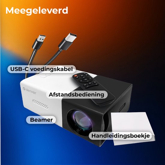 Denver Mini Beamer Full HD - Streaming von Ihrem Handy (USB-C) - Mini-Projektor - Inkl. Fernbedienung - HDMI/AUX/USB-C - PR800