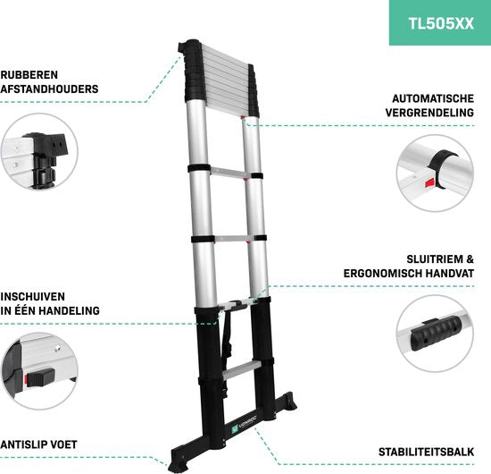 VONROC - PRO Teleskopleiter - soft-close - integrierte Wandhalterungen und Querstange - 3,80 Meter