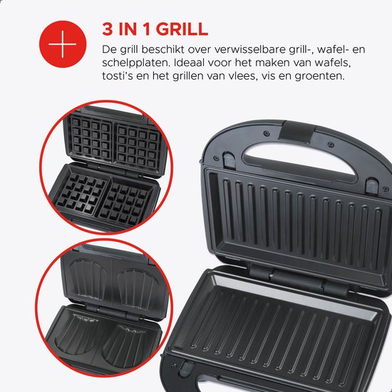 Bourgini MultiGrill 3-in-1 - Toaster, Grill und Waffeleisen - PFAS-frei - austauschbare Platten - 750W