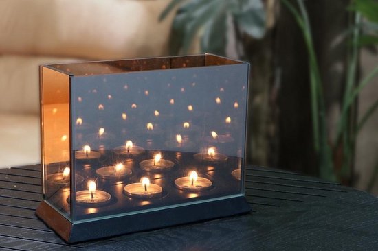 Liva Living Magic Cube - Stimmungslichthalter - 3 Kerzen - 20 x 9 x 15 cm - Mit getöntem Spiegelglas - Unendlichem Reflexionseffekt - Für Innen und Außen - Schwarzes Glas