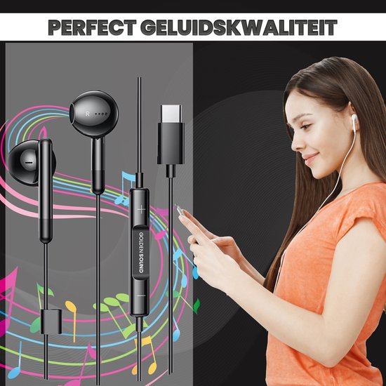 Golden Sound kabelgebundene Ohrstöpsel - Ohrstöpsel mit Kabel und Mikrofon - USB-C-Anschluss - Schwarz