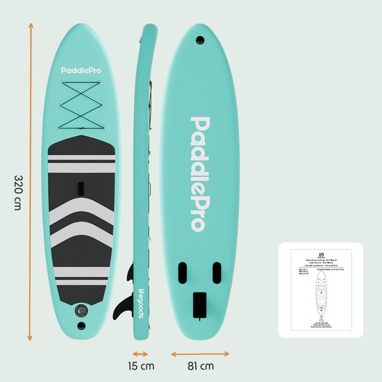 LifeGoods PaddlePro SUP Board - Aufblasbares Paddle Board - Komplettset - Max. 135KG - 320x81cm - Pastellgrün