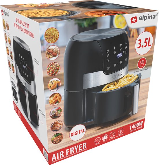 alpina Airfryer 4.5L- Heißluftfritteuse für 2 bis 4 Personen - Luftfritteuse mit einstellbarer Temperatur von 80°C bis 200°C - Timer bis zu 60 Minuten - Heißluftfritteuse 1400W - Schwarz