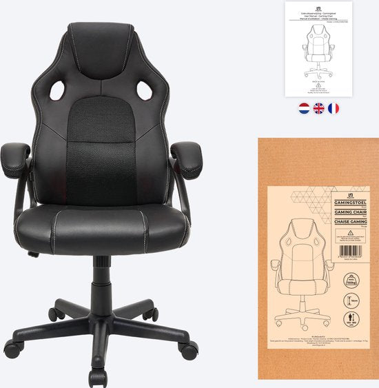 LifeGoods Gaming Stuhl - Einstellbar - Gaming Stuhl - Kunstleder - Schwarz