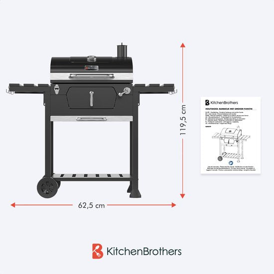 KitchenBrothers Holzkohlegrill - Verstellbarer Kohlerost - 42x57cm Grillfläche - Seitenwände - Schwarz