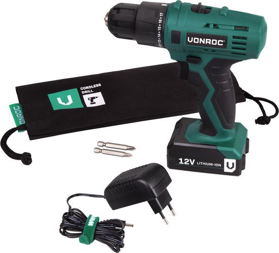 VONROC Akkubohrmaschine - 12V Li-Ion - Inkl. 1x Akku, Schnellladegerät, Schraubbits & Aufbewahrungstasche